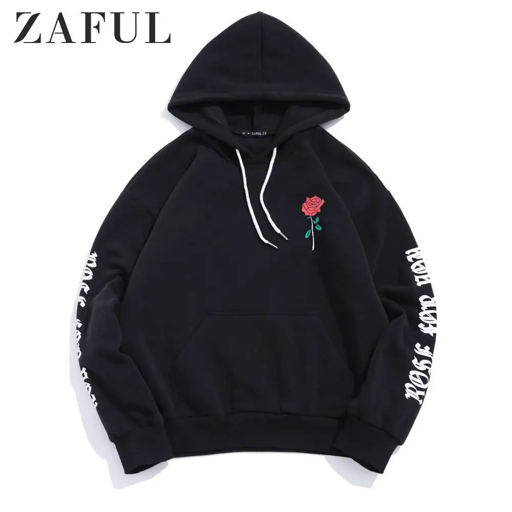 

ZAFUL Rose Letter Graphic Fleece Pullover Hoodie Full Sleeves Flower Letter Printed Casual Sweatshirts Autumn Outdoor Wearing