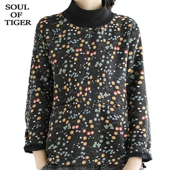 

SOUL OF TIGER Winter Fashion Korean Warm Fur Tops Ladies Thicken Warm Tee Shirts Womens Turtlenck Floral T Shirts Casual Clothes