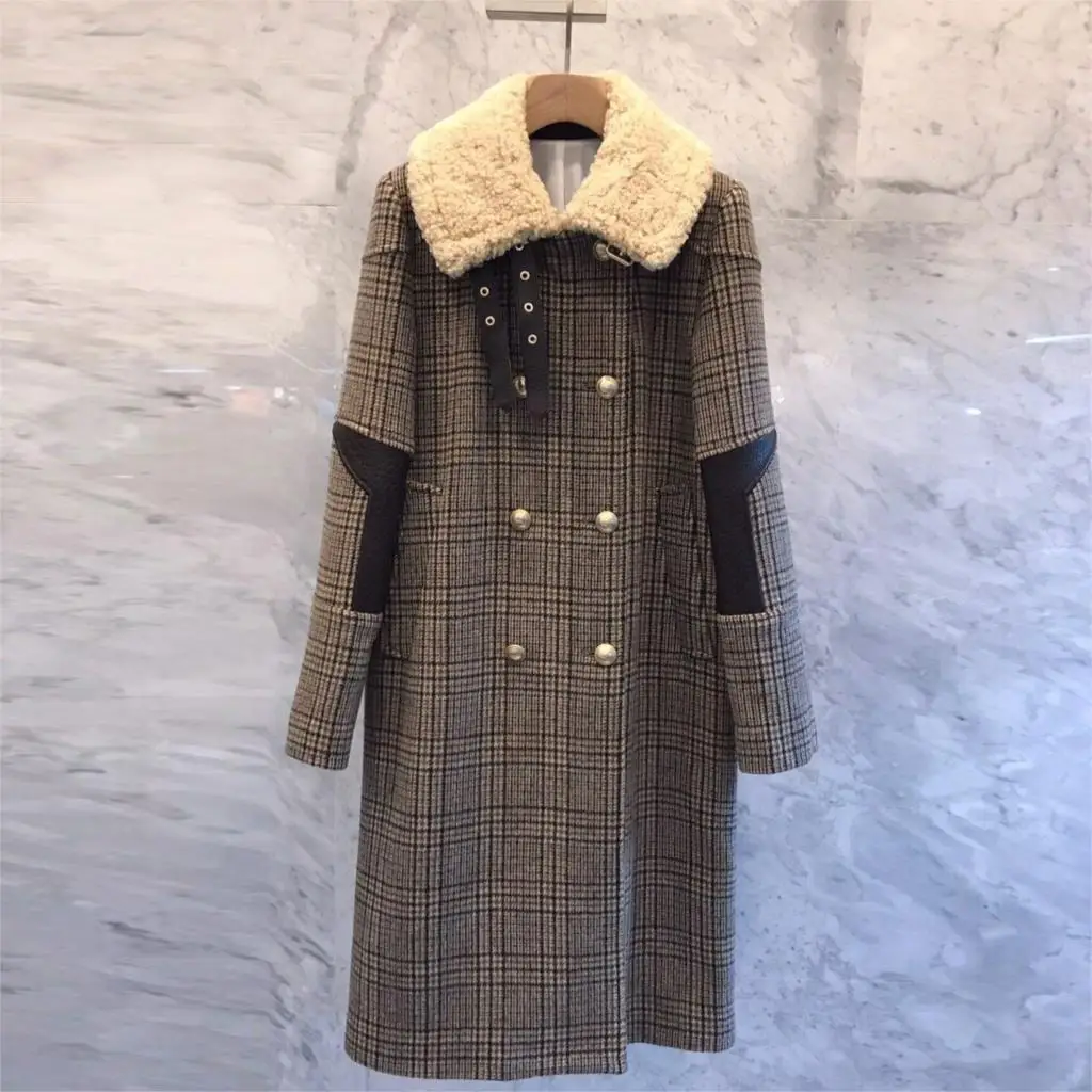 Houndstooth Зимнее женское Шерстяное Пальто с белым меховым воротником, женское двубортное шерстяное пальто в клетку, утепленное манто для женщин plaszcze damskie - Цвет: Houndstooth