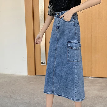 

2020 Spring And Summer Mid-length Denim Skirt Women's High Waist Skirt With Side Pockets Split Skirt Long Skirt