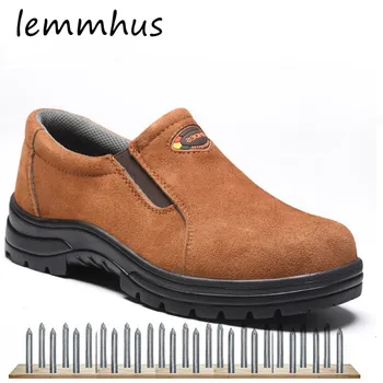

Men Work Safety Shoes Steel Toe Cow Leather Slip-on Safety Boots Men Breathable Puncture-proof Outdoor Lightweight Shoes
