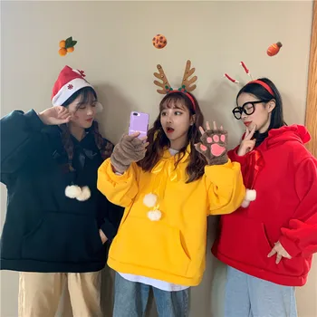 

Hooded Lotus Leaf Lady Fleece Pullovers Ins Style Add Velvet Thick Loose Large pockets Women Autumn Winter Clothes LZ280