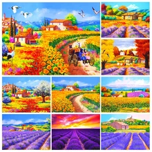 5D Diamant Schilderij Pastorale Landschap Bloem Zee Lavendel Kruissteek Set Diamond MozaĂŻek Rhinestone Foto Diy Home Decoratie