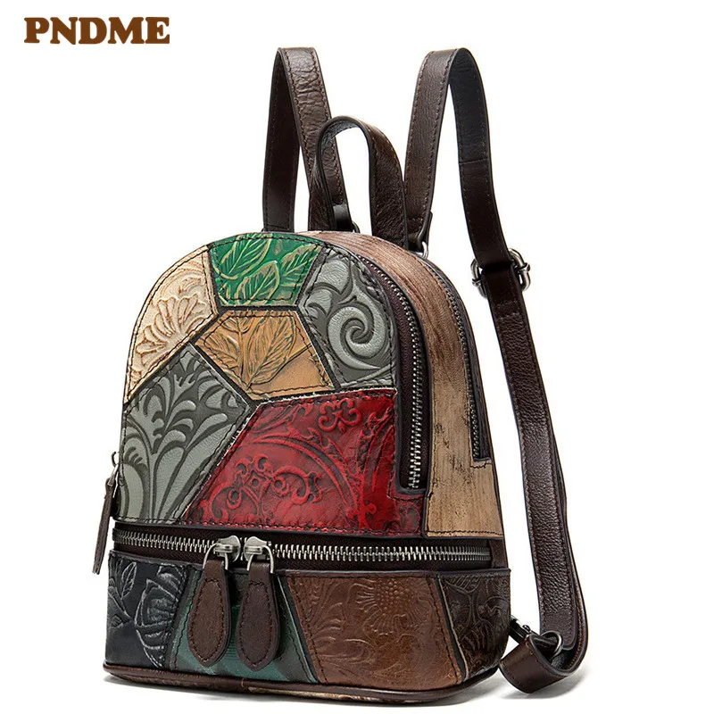 PNDME designer handmade stitching genuine leather women's backpack retro casual outdoor cute small bookbags luxury lady bagpack