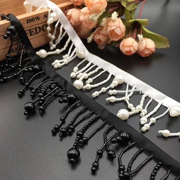

5yds Pearl Fringe Beaded Tassel Lace Black White Trims Ribbons Clothing Curtain DIY Accessories Bridal Wedding Dress Decoration