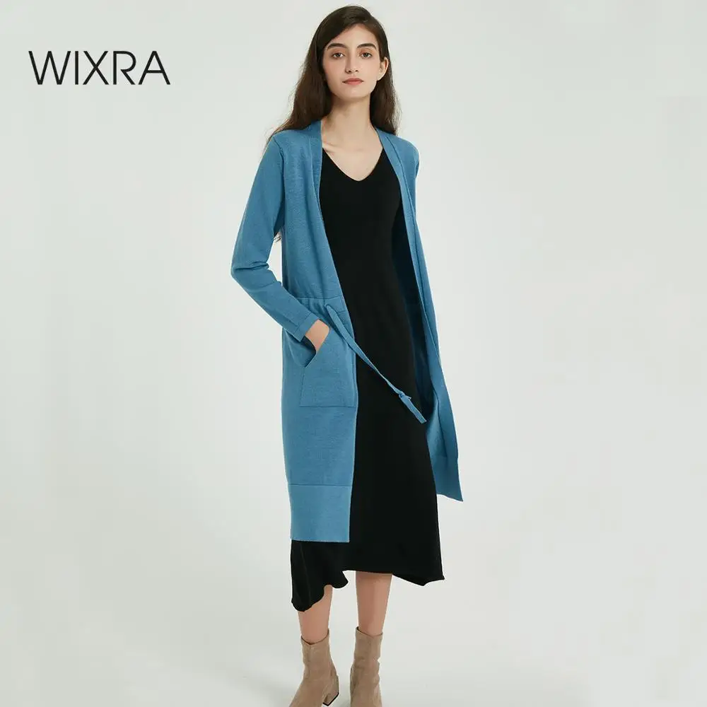 Wixra Women Solid Knitted Long Cardigan Sweater Autumn Winter Casual Lace-up Sleeve Pockets Knit Female Tops |