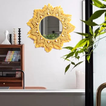 

Modern Large Yellow Macrame Wall Mirrors For Living Room Wooden Beads Wall Hanging Decorative Bedroom Round Make Up Boho Mirror