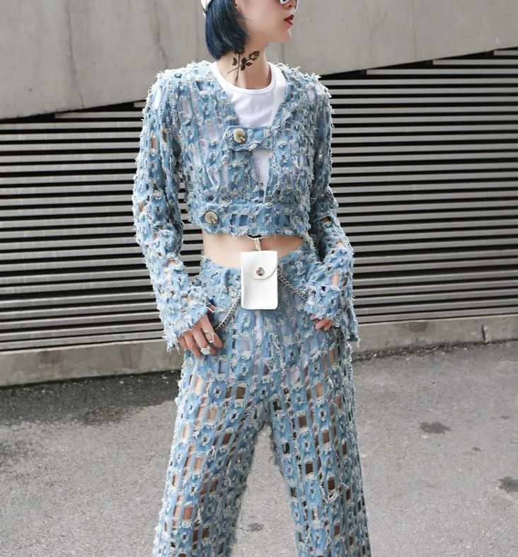 Streetwear Wide Leg Pants for Women High Waist Ripped Hole Denim Trousers Female Personality Jeans Pants Long Trousers