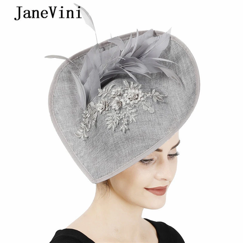 

JaneVini 2020 Elegant Gray Bridal Wedding Big Hat Fascinator Fancy Appliques Fashion Headpiece with Feathers Wedding Decoration