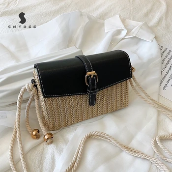 

Straw+Leather Handbag Women Rattan Bag Handmade Woven Beach Bohemia Style Shoulder Crossbody Bag Straw Small Square Bag