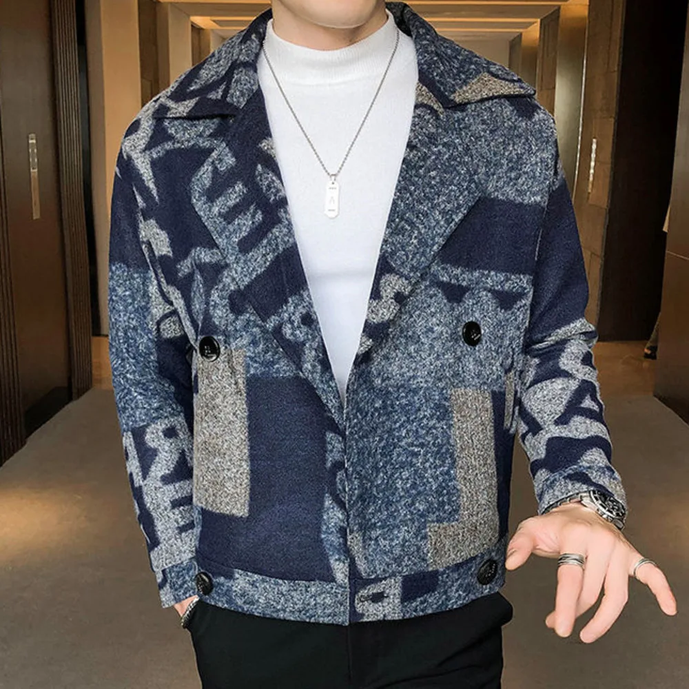 Wool Blend Warm Slim Fit Coat Fancy Letter Print Men Tweed Winter 決算特価商品 Wool-Blend Jacket Tweed Fancy 毛皮/ファーコート