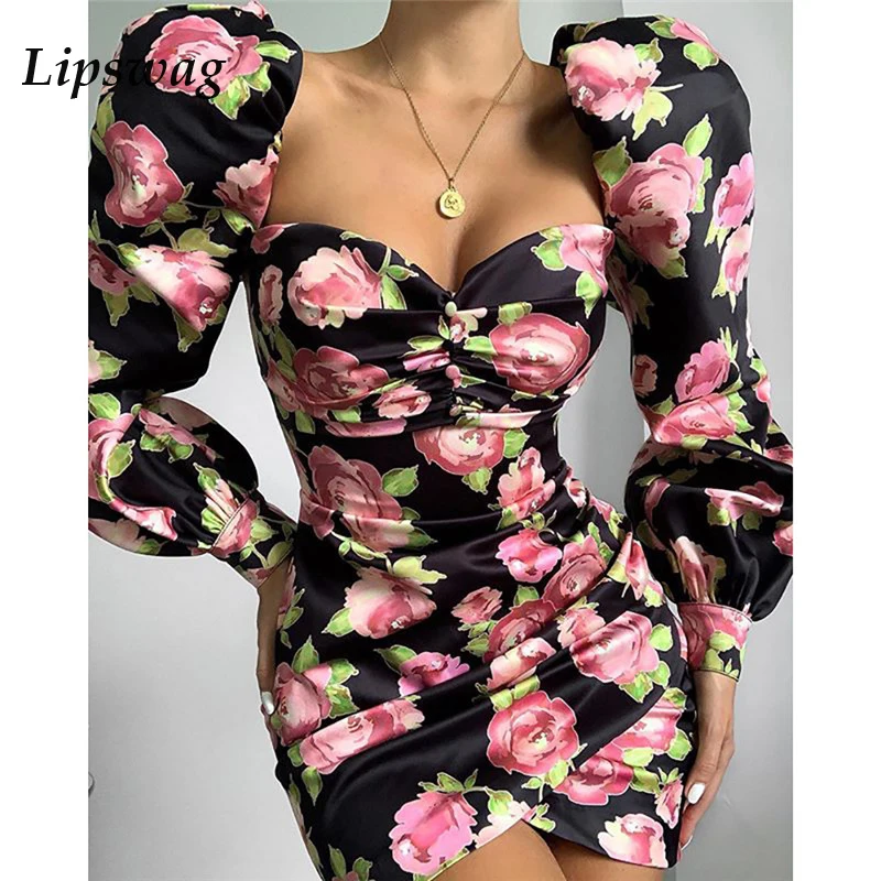 

Lipswag Vintage Women Floral Print Puff Sleeve Mini Dress 2019 Autumn Strapless Party Dress Elegant Ladies Bodycon Dress Vestido