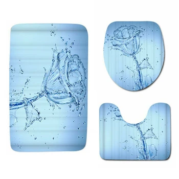 

Blue Shower Curtain Rose Flower Toilet Cover Mat Set Bathroom Comfortable Fit For Standardized Bath Tubs