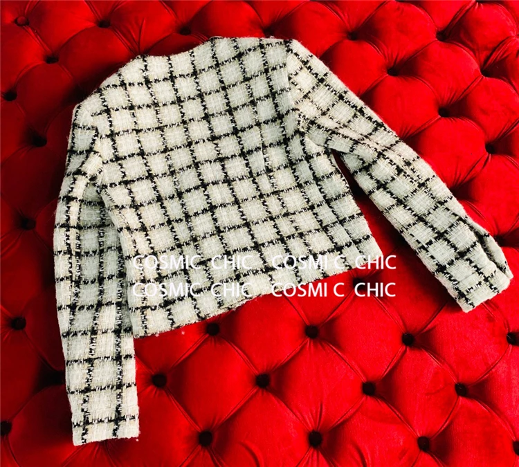 Cosmicchic роскошный твидовый шерстяной костюм клетчатый короткий пиджак с v-образным вырезом Высокая талия широкие длинные брюки элегантный офисный комплект из 2 предметов