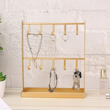 

10 Hooks 2 Layer Wrought Iron Jewelry Hanging Rack Necklace Earring Rings Watches Display Shelf Desktop Storage Rack Key Holder