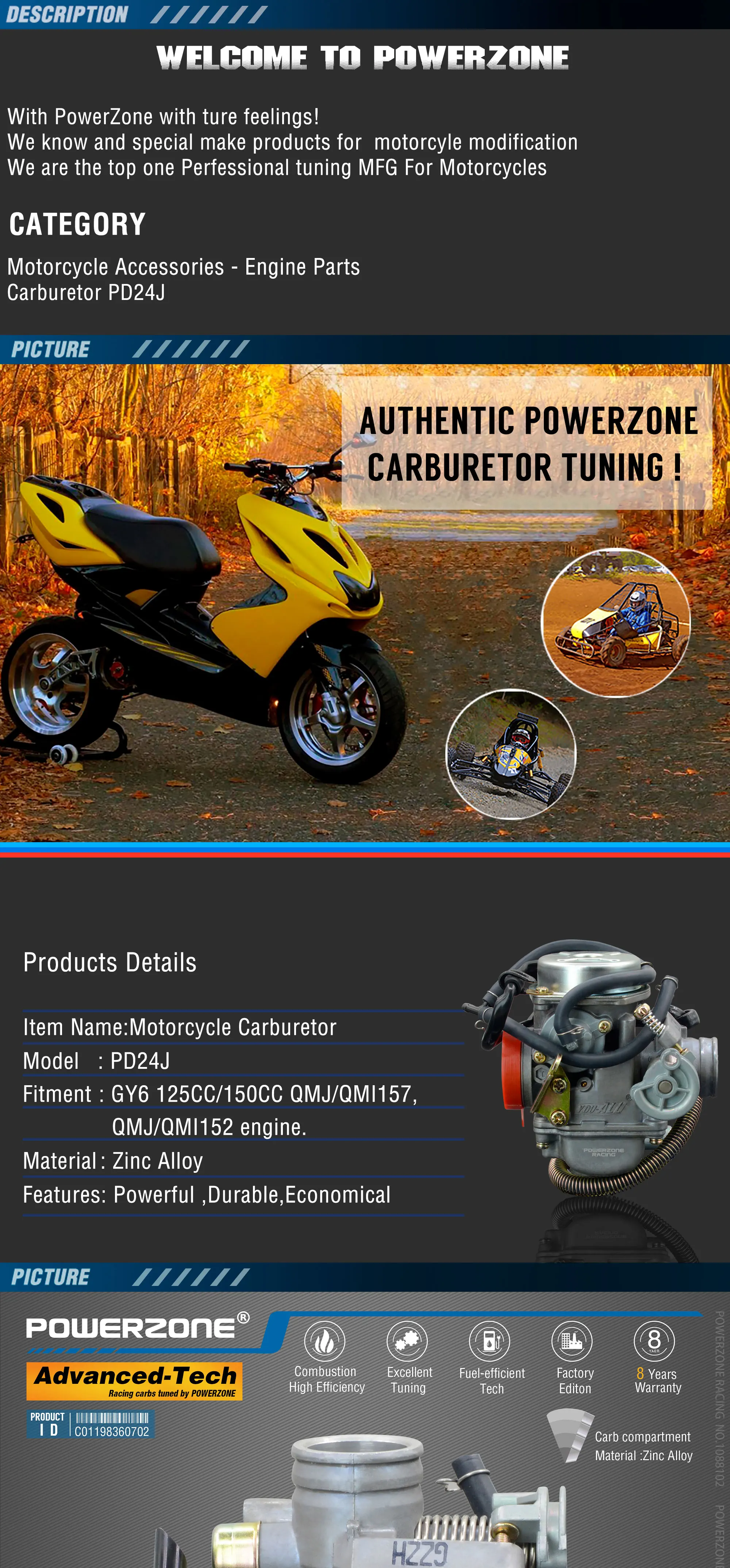 Powerzone карбюратор PD24J 24 мм CVK Ускорительный Насос Carb для GY6 125CC/150CC QMJ/QMI157/152 двигатель. Квадроциклы, Go Karts и скуте