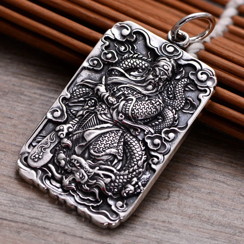 

Men Retro Engrave Hero Guan yu Dog Tag Pendant 999 Sterling Silver Necklace Women Vintage friendship Thai Silver Men Jewelry