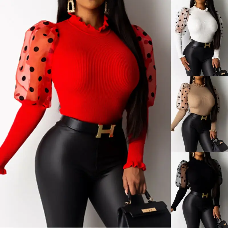 Blusa informal de manga larga con cuello alto para verano, camisa Sexy ajustada con estampado de linterna de punto para mujer