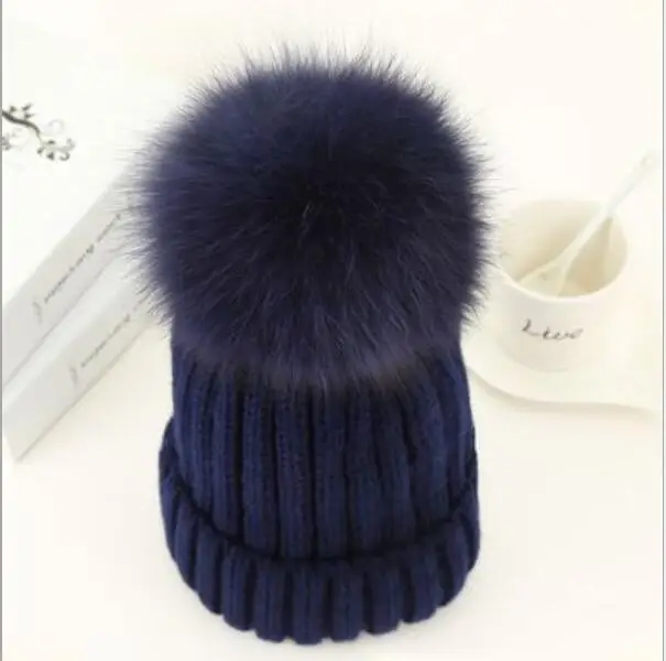 Тёмно-синий Always classic Woman Hat Natural Fox Fur Ball Knitted Ladies Winter Hat Wool Thread Knit Warm Women's Beanies - Цвет: Тёмно-синий