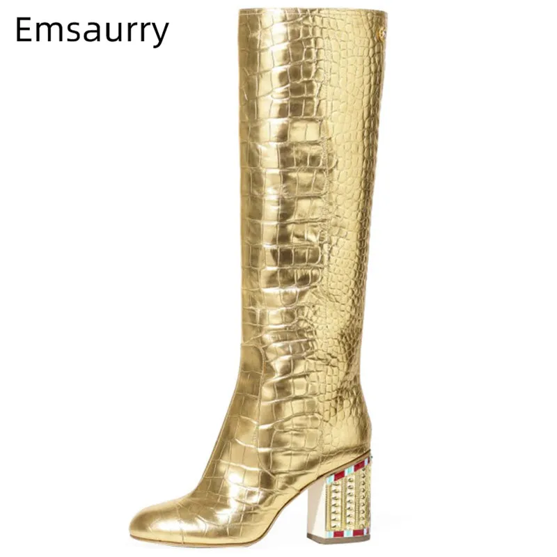 Gold Mid Calf Boot Women Autumn Spring Patchwork Black Square Toe Party Bottes Chunky Square High Heel Boots Woman Female