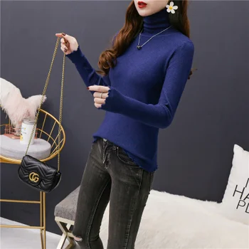 

2019 Autumn and winter new Korean version high collar two lapel base trim body long sleeve wooden ear edge solid color sweater