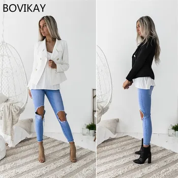 

2019 Autumn Casual Fashion Female Self-cultivation Solid Blazer Womens Notched Short Coat Double Breasted Suilt Streetwear
