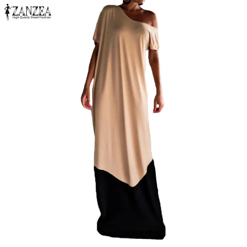

Plus Size ZANZEA Women Summer Dress Vintage Cold Shoulder Patchwork Maxi Long Shirt Dress Casual Loose Kaftan Vestidos Mujer 5XL