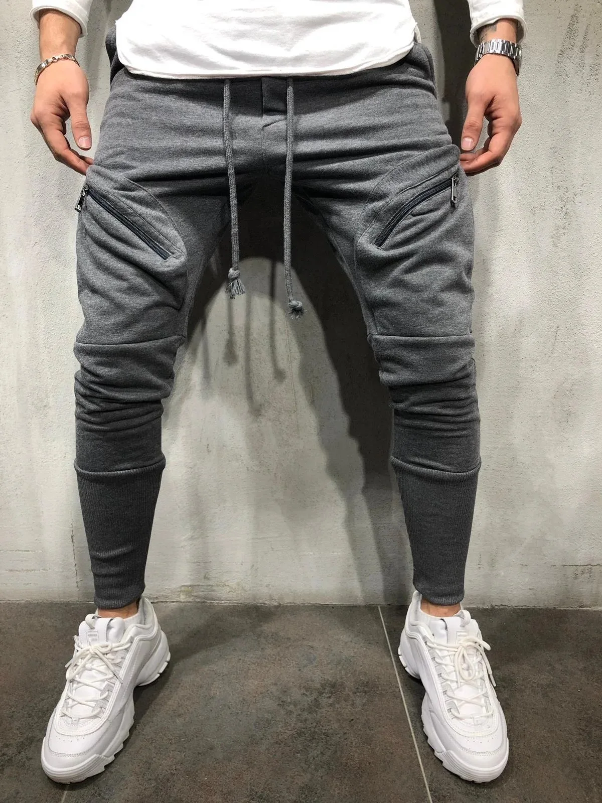Gray Новые мужские повседневные хлопковые Узкие прямые брюки весна лето длинные брюки мульти-с карманом, на змейке Спортивные Штаны для бега - Цвет: Gray
