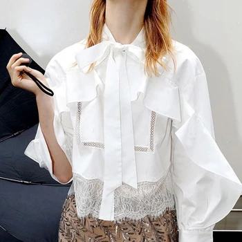 

2020 Autumn White Shirt Women Stand Bow Tie Collar Slim Fit Ruffles Long Sleeve Lace Spliced Hollow Out Blouse Top