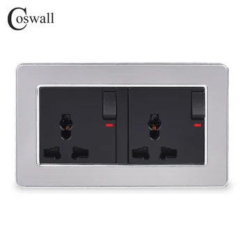 

COSWALL Stainless Steel Panel 2 Gang 13A Universal Switched Socket With Neon Indicator Grounded With Children Protective Door
