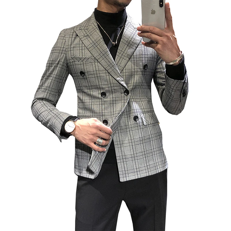 Men‘s Blazers Suit Jacket Plaid Smart Casual Solid Slim Fit Clothing Modis 3XL Double Breasted Male Blazers Men Suit Jackets