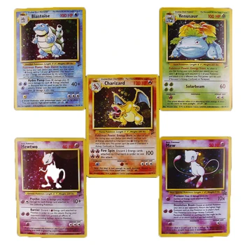 

1996 First Generation 5pcs/set Pokemon Cards Charizard Blastoise Venusaur Mewtwo Mew MEGA STAGE 2 Flash Collection Card Toys