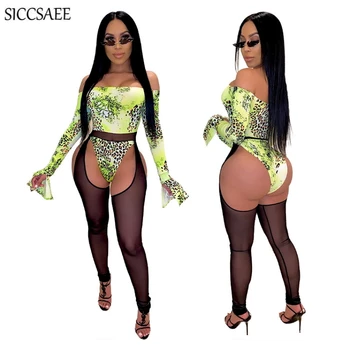 

Slash Neck Flare Sleeve Bodycon Bodysuit See Through Mesh Patchwork Bandage Jumpsuits Leopard Printed Leotard Sexy Club Wear