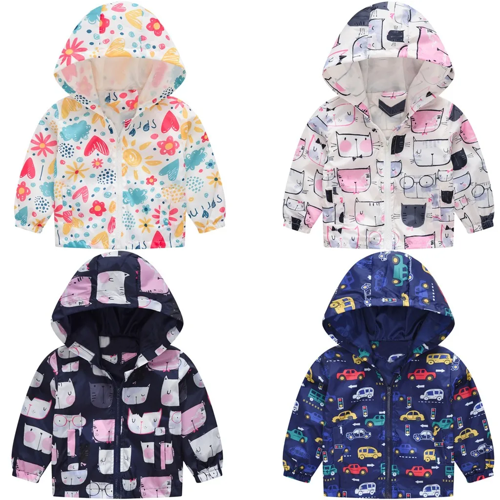 

Toddler Kid Baby Girl Boy Cartoon Cat Car Spring Hooded Jacket Jacket Cat Car Love Print Early Spring Thin Hooded Zipper Jacket