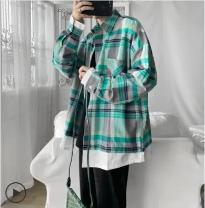 green Мужские модные клетчатые пальто с принтом Свободная рубашка Повседневная 4 цвета одежда с длинным рукавом мужские рубашки размера плюс S-XL - Цвет: green