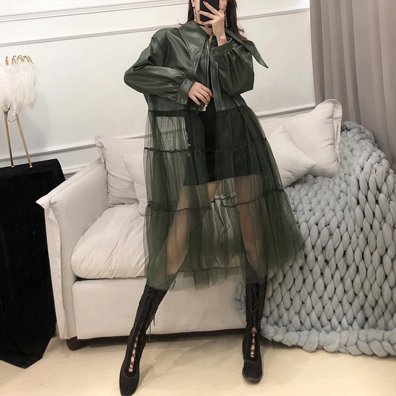 SeeBeautiful Новая мода осень зима лацканы с длинным рукавом из искусственной кожи прострочка перспективная сетка длинная куртка Свободное пальто Q245