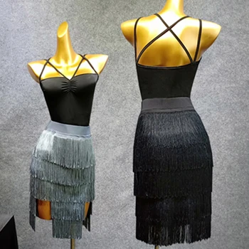 

New Latin Dance Costume Women 2pcs Black Dance Top+Fringe Dance Skirt Flamengo Salsa/Tango Dress Adult Female Latin Dance