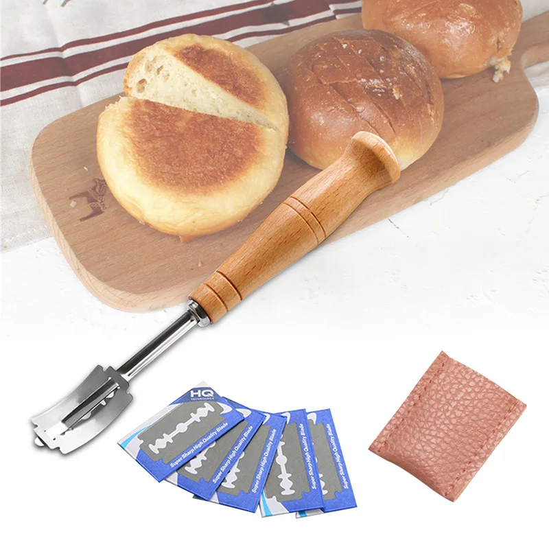 Wooden Bread Cutter Bakery Scraper Bread Knife/Slicer/Cutter Dough Breads Scoring Lame with Blades and Cover Baking Accessories