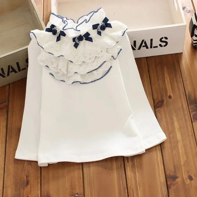 Chemisier blanc pour filles, chemise d'école pour petites filles, en coton, à manches longues, hauts avec nœud en dentelle, vêtements à la mode pour enfants, grande fille, printemps automne ► Photo 3/6