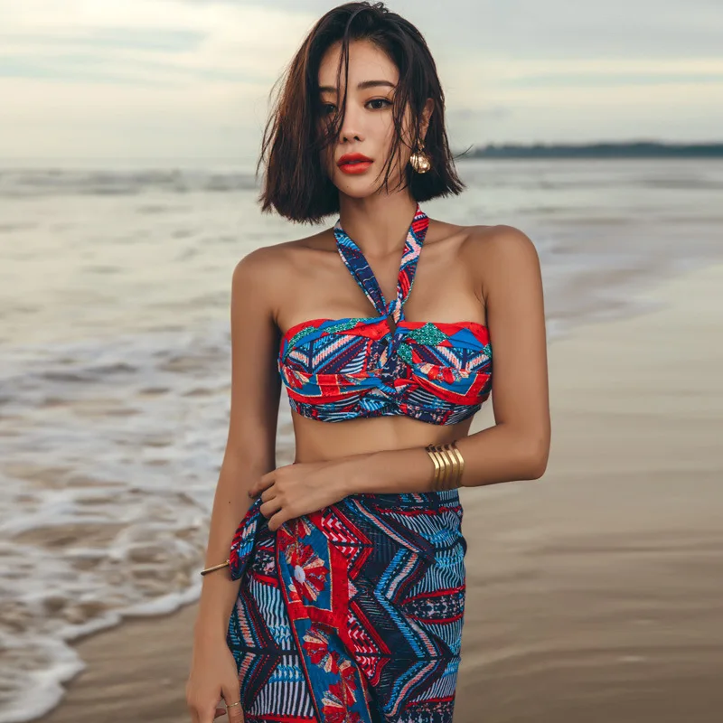 

2019 New Style Bathing Suit Fashion Sexy Slim Fit Slimming Split Type Veils Three-piece Set Bathing Suit 2920