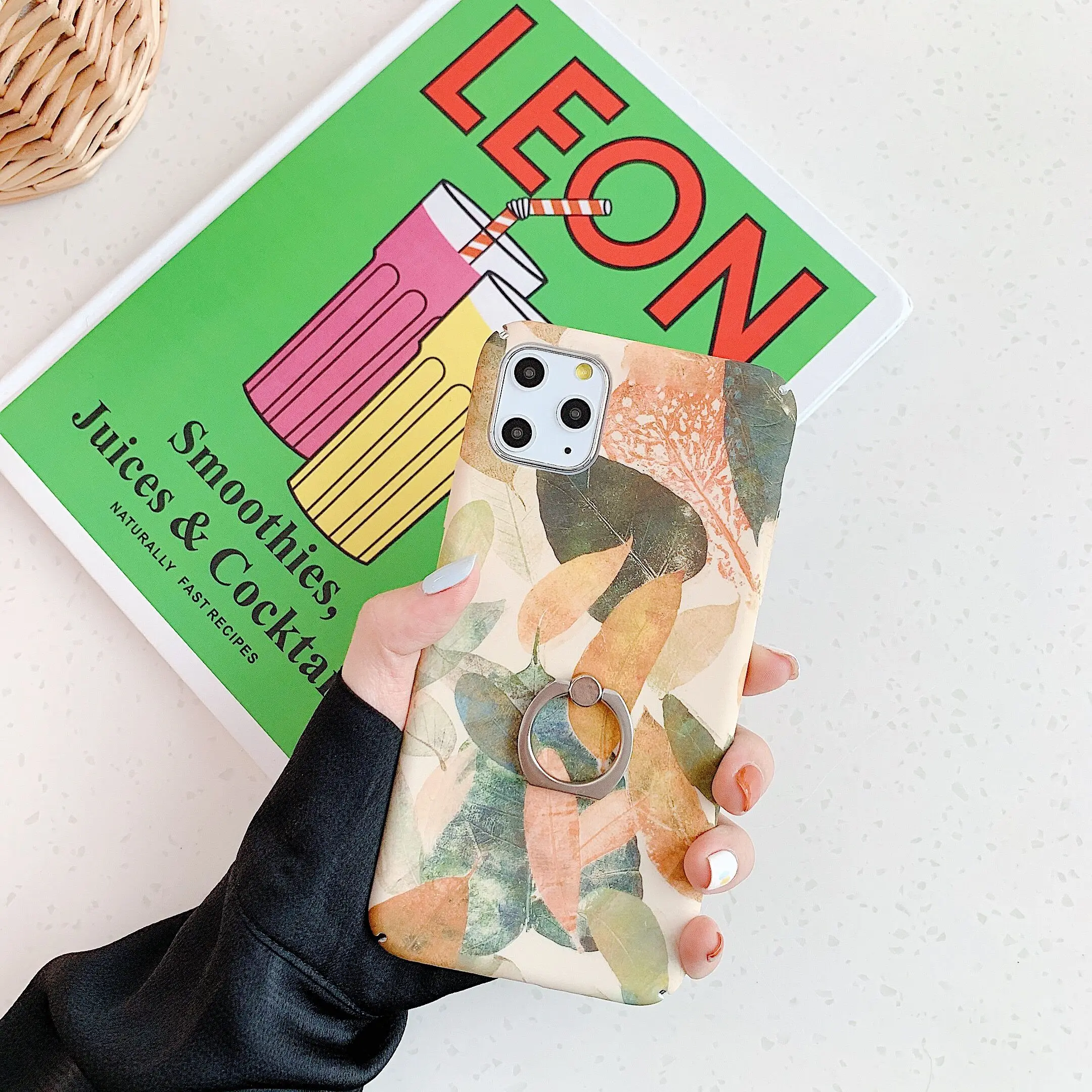 Finger Ring Holder Leaves Phone Case For iphone X XR XS 11 Pro Max Case Hard Shell For iphone 8 7 6 6S Plus Case Cover coque - Color: Design 9
