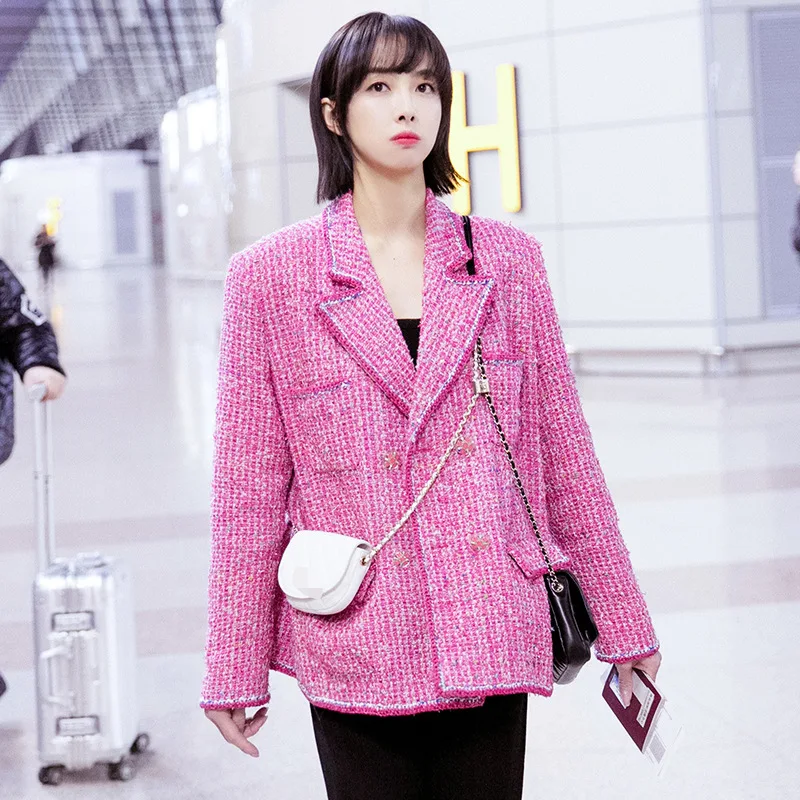 

Autumn 2019 Same Style As The Pink Chiffon Tweed Coat Which Is Popular with Women Turn-down Collar Plaid Jacket Women Coat