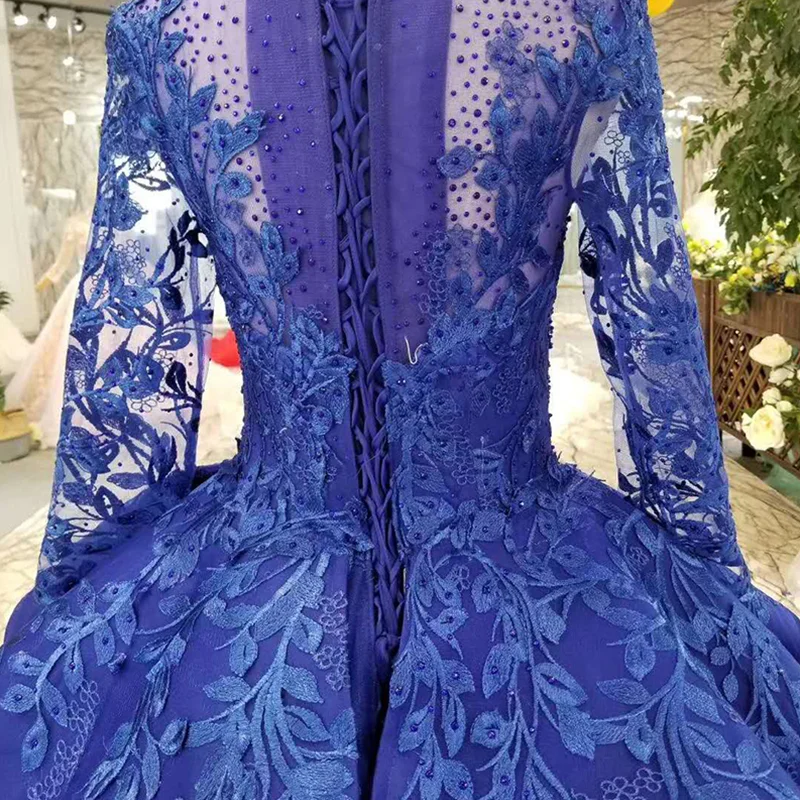 LSS173 blue muslim evening dress long o neck long sleeves lace up back prom dress ladies party dress custom size free shipping 6