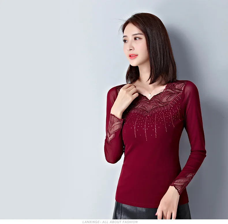 Женские топы, сорочка, Femme Blusas Femininas, блузки, женская рубашка, черная, с круглым вырезом, с длинным рукавом, кружевная Элегантная блузка размера плюс 4XL