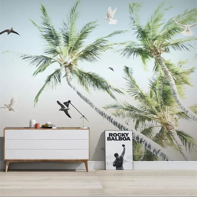 Beibehang-Hand-painted-coconut-tree-seaside-sea-modern-minimalist-TV-background-wall-painting-custom-large-mural