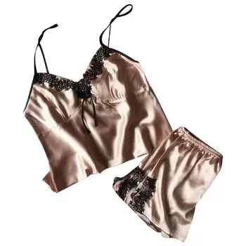 

Women Summer Imitation Silk 2Pcs Lingerie Set Floral Lace V-Neck Camisole Tops Side Split Relaxed Shorts Sexy Babydoll Nightwear