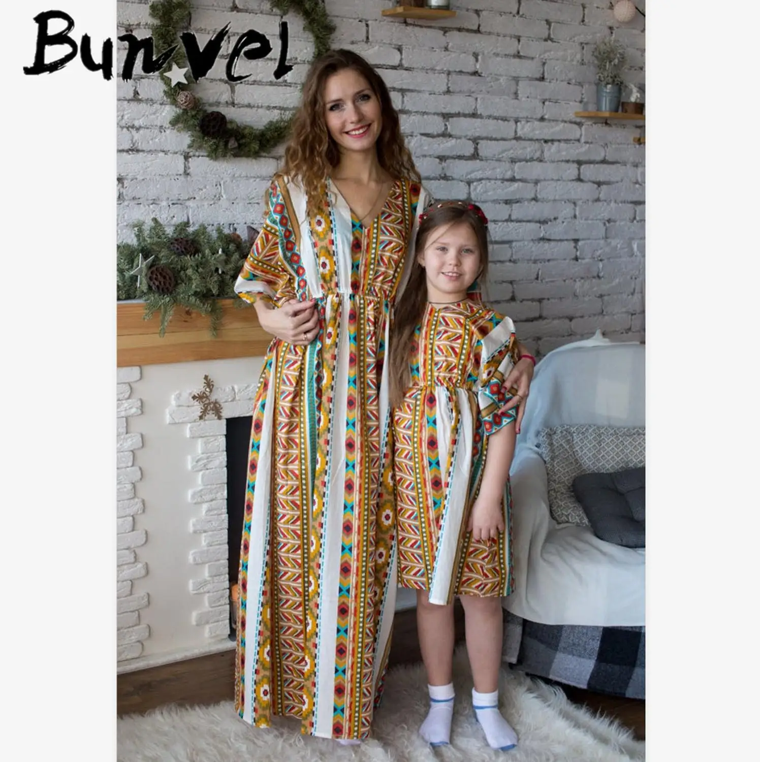 Bunvel/африканские платья для мамы и дочки; одежда для маленьких девочек; платья для мамы и дочки с геометрическим принтом в африканском стиле; 5 - Цвет: Yellow