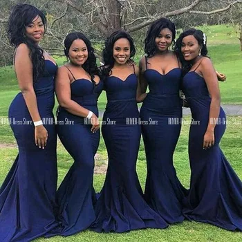 

Navy Blue Mermaid Bridesmaid Dresses for Wedding Party Cheap Straps Sweetheart Plus Size Formal Gowns for African Black Girls