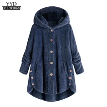 Пальто и куртки с капюшоном размера плюс, Женское пальто на пуговицах с карманами, пушистый хвост, топы, пуловер, свободная Осенняя зимняя одежда куртка Femme