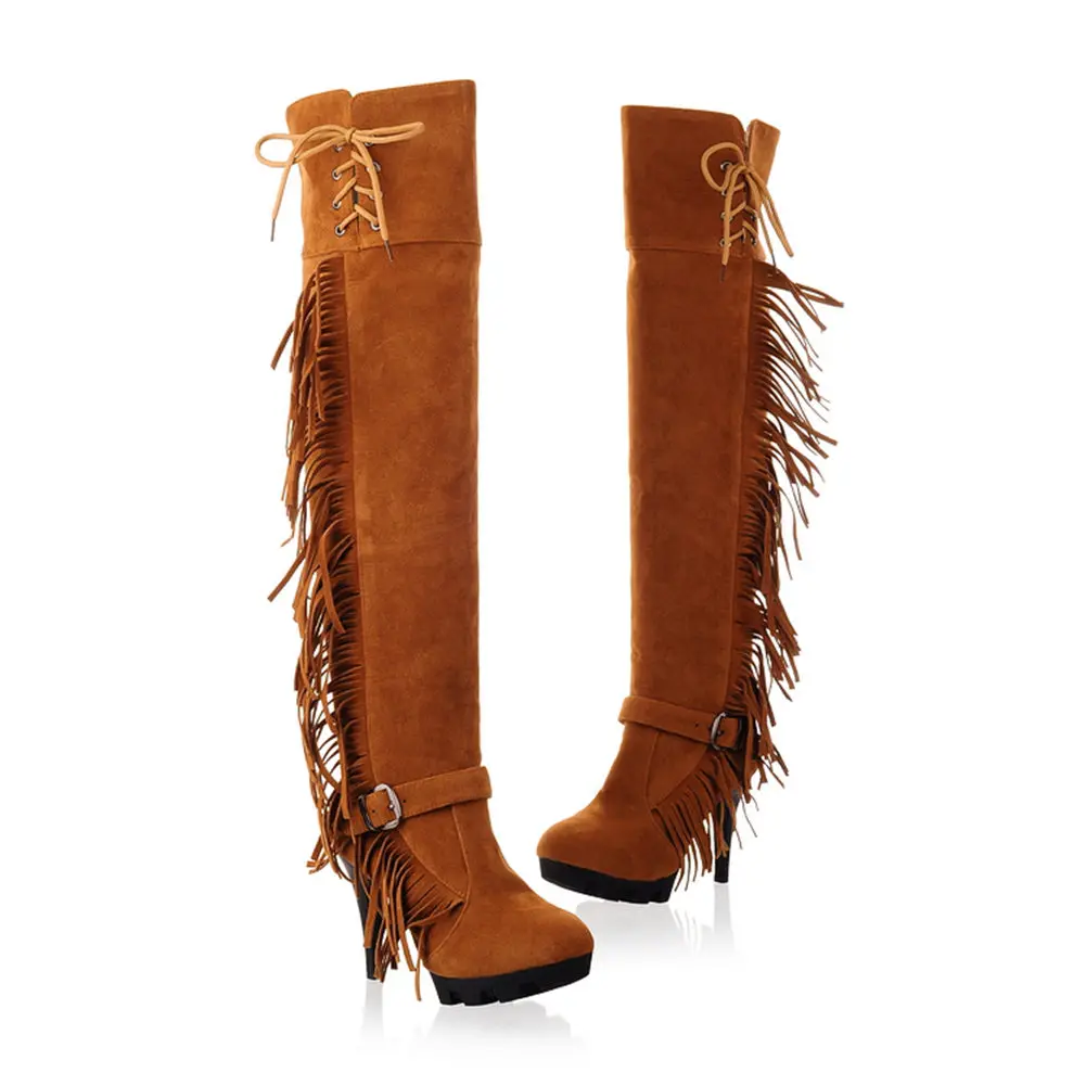Dropship Classic Retro High Heels Party Fringes Boots Women Shoes Woman Winter Shoes Knee High Boots